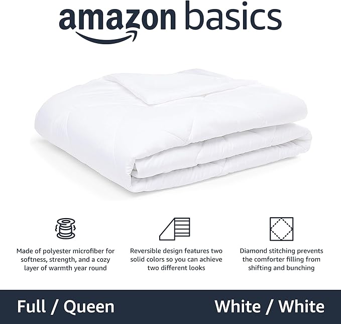 Amazon Basics Reversible Lightweight Microfiber All Season Comforter Blanket, Full/Queen, White