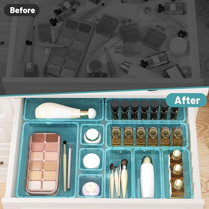 WOWBOX 32 PCS Plastic Drawer Organizer Set, 4 Sizes Desk Drawer Organization and Storage Containers for Makeup, Cosmetics, Jewelry and Gadgets in Kitchen, Bathroom, Bedroom, Office, Clear Sea Blue - Image 5