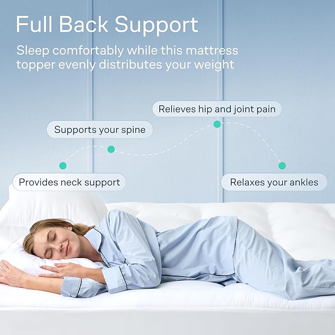Cloud-Like Twin Mattress Topper - 100% Cotton Top Mattress Pad for Back Pain Relief - Breathable & Naturally Cooling for Hot Sleepers, White