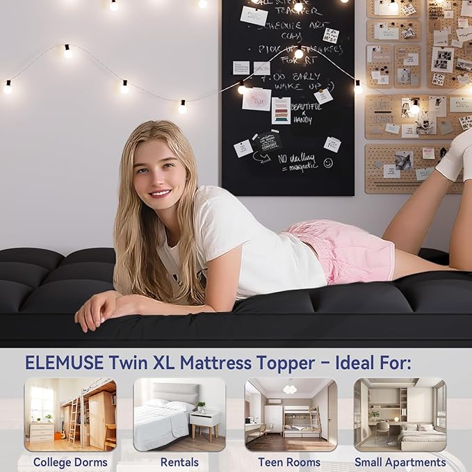 ELEMUSE Twin XL Black Mattress Topper for College Dorm Room Essentials, Extra Long Twin Mattress Pad for Back Pain Relief, Plush Pillowtop with Elastic Deep Pocket, Overfilled Down Alternative Filling