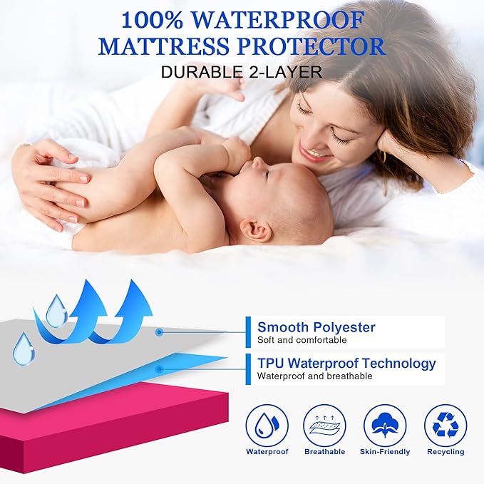 Sufdari Waterproof Mattress Protector, Mattress Cover Twin Size for Bed,18" Deep Pocket Fitted Sheet Style Mattress Protector with Elastic Rubber Band-Deep Pink,Twin