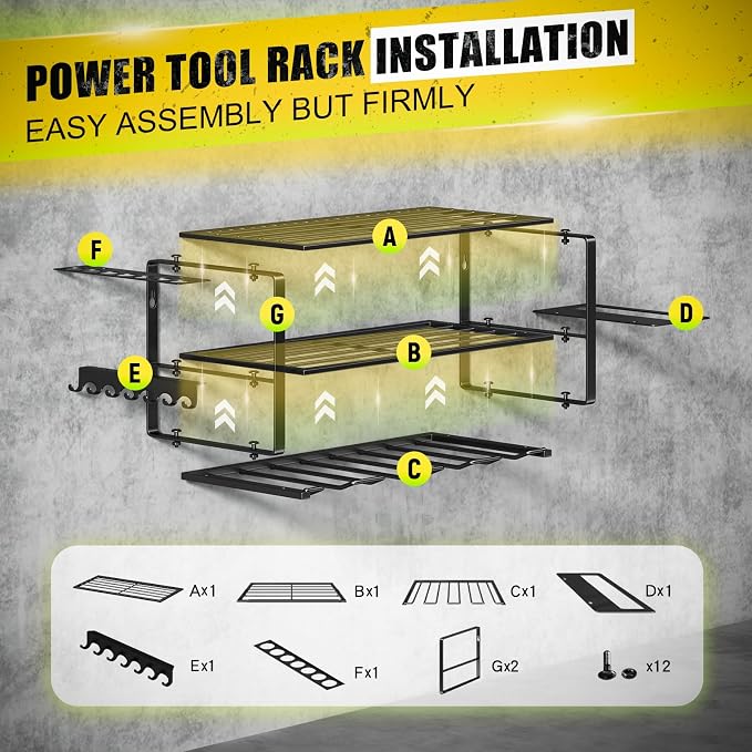 Hipidian Power Tool Organizer Wall Mount - Storage Rack with 4 Drill Holders for Drills Cordless Tools. Heavy Duty Iron Garage Tool Organizer Storage for Workshop Shed (4 Slots 3 Layers) - Image 2