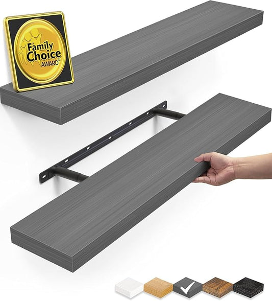 BAYKA Floating Shelves Grey, 22.5 inch Rustic Wood Wall Mounted Shelves for Bathroom, Bedroom, Living Room, Kitchen, Hanging Shelf for Books/Storage/Decor (Gray,Set of 2) by Bayka