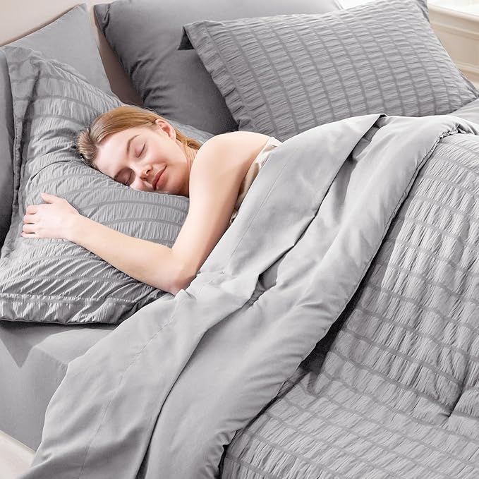 CozyLux King Size Comforter Set Grey Seersucker 7 Pieces Bed in a Bag King Comforter Set with Sheets, Gray Luxury Soft Bedding Sets with Down Alternative Comforter, Sheets, Pillowcases & Shams