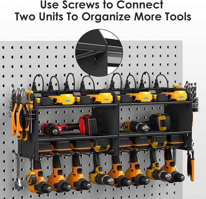 CCCEI Modular Power Tool Organizer Wall Mount with Charging Station. Garage Drill Storage Shelf with Hooks, Heavy Duty Rack, Tool Battery Holder Built in 8 Outlet. Gift for Men. Black, 2 Pack. - Image 2