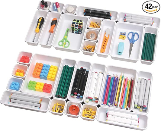 TENABORT 42 Pack Interlocking Desk Drawer Organizer Tray Dividers Plastic Shallow Narrow Drawers Organizers Separators Storage Bins Container for Kitchen Bathroom Makeup Office Vanity Dresser White by TENABORT