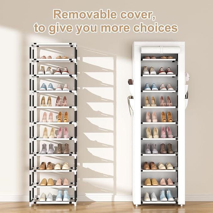 ROJASOP Shoe Rack with Covers 10 Tier Large Shoe Organizer Tall Shoe Closet Storage for 20-22 Pairs Shoe and Boot, Free Standing Shoe Rack Organizer for Closet, Entryway, Bedroom, White - Image 5