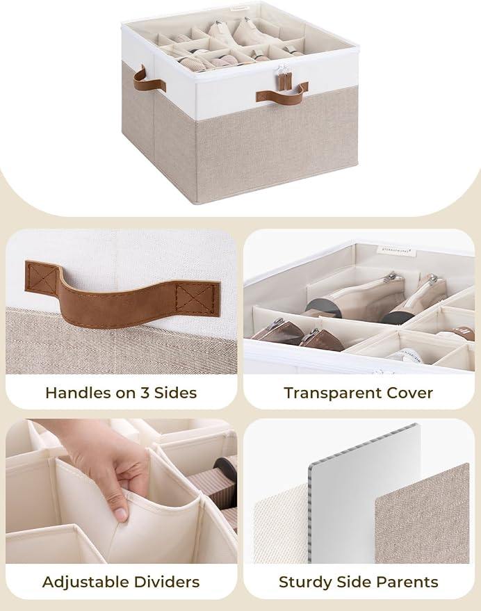 StorageWorks Shoe Organizer for Closet, Fits up to 16 Pairs, Shoe Cubby Storage Containers with Adjustable Dividers and Clear Cover, Brown & White - Image 5
