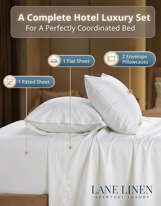 LANE LINEN California King Sheet Sets - 600 Thread Count Premium Sateen Weave for a Hotel Quality Experience - Thick & Breathable Cotton Sheets for Luxury Master Bedrooms - Oeko Tex Certified - White