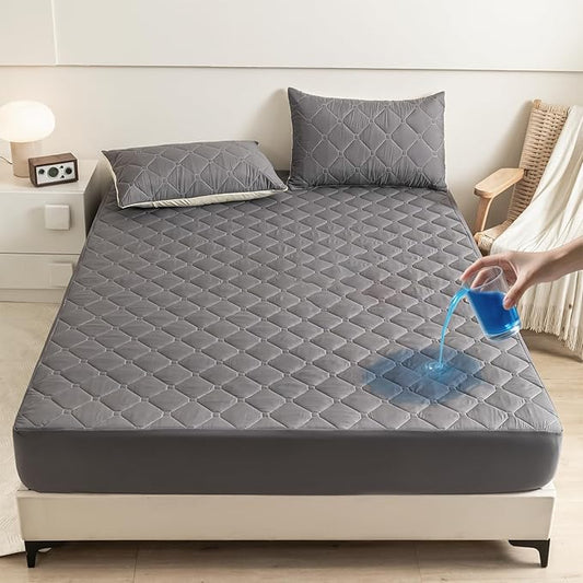 Queen Mattress Protector Waterproof, 18” Deep Pocket Fitted Sheet Queen+2pcs Pillow Cases - Leakproof, Oeko-TEX Certified, Breathable & Noiseless,Machine Washable (Dark Grey)