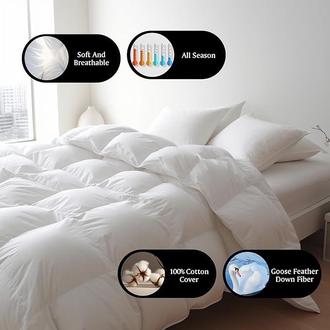 Royal Luxe Goose Feather Down Fiber Comforter - King Size Duvet Insert, 100% Cotton Cover All Season Comforter Ultra Soft Luxurious Hotel Bedding, 104”x88”