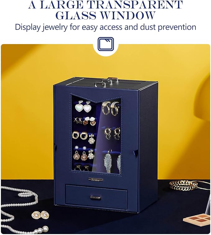 Homde Jewelry Organizer with Transparent Window Necklace Hooks Gift for Women Jewelry Box Display Case for Necklaces Rings Earrings Bracelets and Other Accessories (Dark Blue) - Image 2