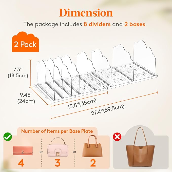 Lifewit Purse Organizer for Closet, Clear Handbags Storage Organizer, Adjustable Clutch Purse Storage Organizer Holder for Closet, 2 Pack Bookshelf Dividers for Sweater in Bedroom 35 x 24 cm/14 × 9.5" - Image 2