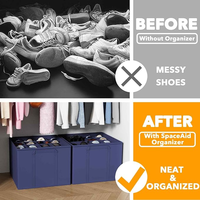 SpaceAid Shoe Organizer for Closet, 2 Pack Foldable Shoe Storage Containers Baskets Boxes Bins w/Adjustable Dividers, Fits 16-32 Pairs, Blue - Image 2