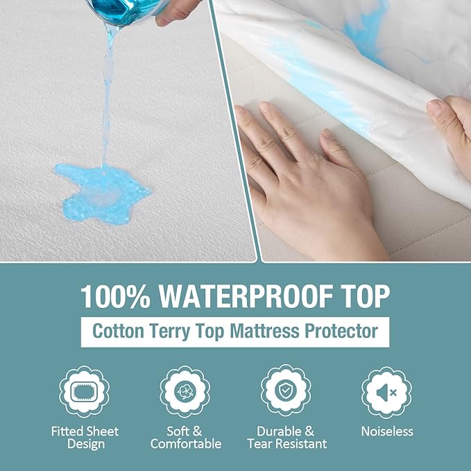 Yarns of Cotton Queen 6" Drop Waterproof Mattress Protector, White, Fitted Style