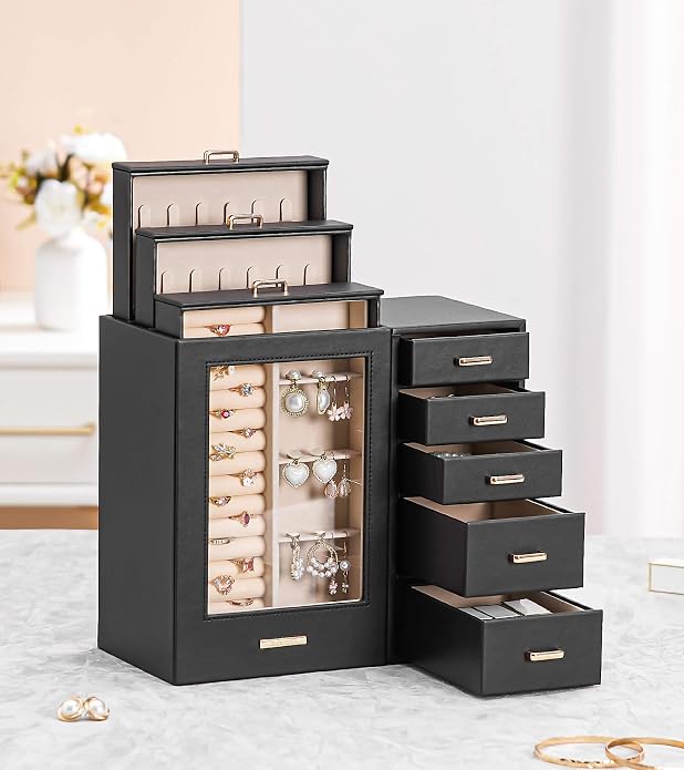 Homde Large Jewelry Box/Organizer/Case with Glass Window, Drawers for Necklaces Earrings Rings Bracelets Watches Gift for Women Girls - Image 7