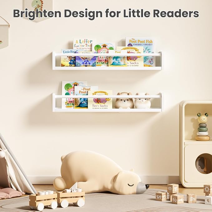 upsimples 2 Pack Nursery Book Shelves, 23.6 Inch Floating Bookshelves for Wall, Baby Nursery Decor, Small Solid Wood Wall Mounted Shelves for Baby Kids Boys Girls, White - Image 2