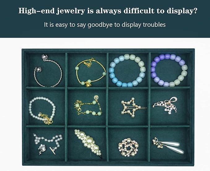 Large Velvet Jewelry Tray, Drawer Organizer for Jewelry in Dresser, Stackable Jewelry Drawer Organizer Inserts for Earring Necklace Bracelet Rings(Green,12grid) - Image 4