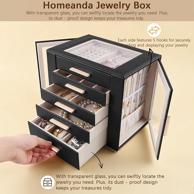 Homeanda Jewelry Box for Women with Glass Lid, 5 Drawers Jewelry Organizer and Storage for Necklaces, Rings, Earrings, Bracelets, Gift for Girls and Teens,PU Leather (Black) - Image 6
