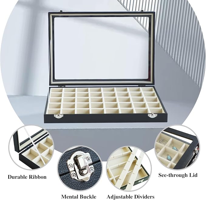 Stratalife Jewelry Organizer 40 Grid Beige Black Jewelry Tray with Clear Dust-proof Lid Velvet Earring Organizer Necklace Rings Holder Display Drawer Storage Case for Women - Image 2