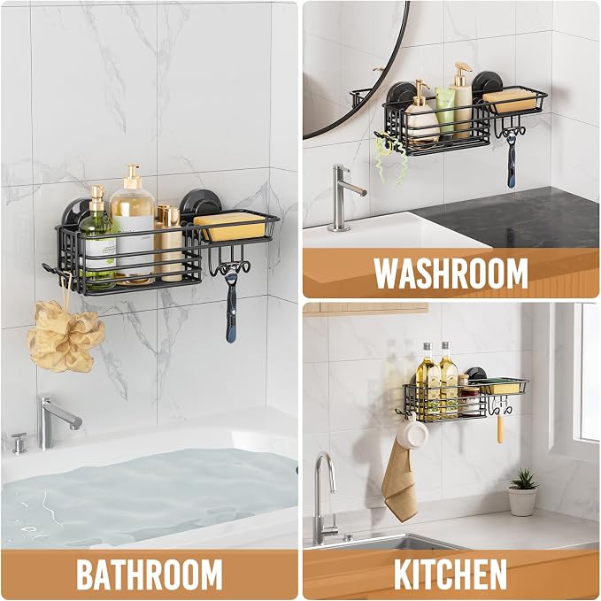 LEVERLOC Shower Caddy Suction Cup, Suction Caddy with Hooks and Soap Holder for Bathroom, No-Drilling Bathroom Shower Organizer, Black - Image 6