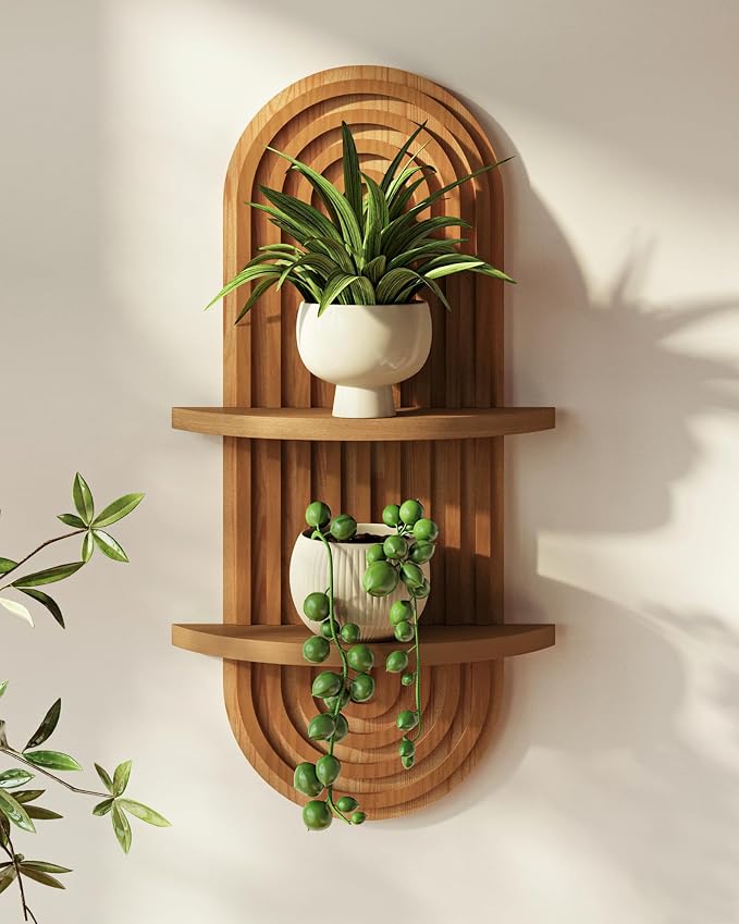 Bamworld Plant Wall Shelf Boho Wall Decor Brown Hanging Plant Shelf Mid Century Modern Decor 2-Tier Wooden Floating Shelves for Home, Bathroom Living Room Office Holding Planter Decoration, 1Pcs by Bamworld