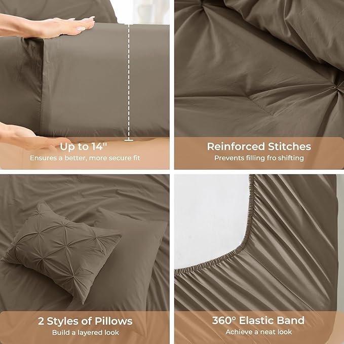 Sasttie California King Comforter Set, 7-Piece Bed in a Bag Cal King, Pintuck Bedding Set for All Season, Includes Comforter, Flat Sheet, Fitted Sheet, Pillowcases and Pillowshams, Brown