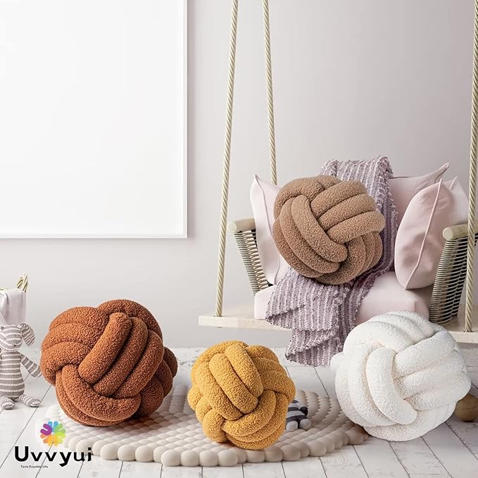 Uvvyui Knot Pillow Ball, Soft Home Decorative Pillows, Round Throw Pillow, Handmade Knotted Plush Pillow, Round Boucle Pillow Cushion (14 Inches Khaki)