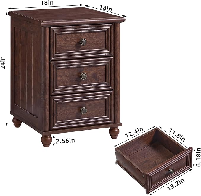 RWYHG 18" Farmhouse Night Stand, Walnut Wood Nightstand with 3 Drawers, Bedside End Table with Storage and Roman Column, Bed Side Tables Cabinet for Bedroom, Living Room, and Closet