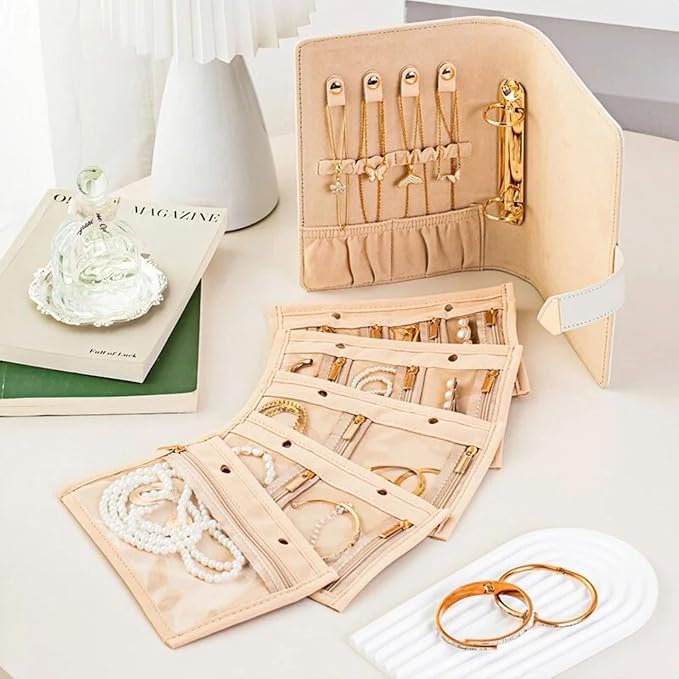 Travel Jewelry Binder Organizer, Portable PU Jewelry Book Organizer with 4 Necklace Clips & 5 Zipper Velvet Pouch For Rings,Necklace,Earrings - Perfect Jewelry Storage Book Gift For Women Girls - Image 6