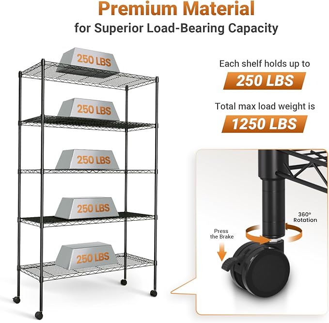 Simple Deluxe Heavy Duty 5-Tier Storage Shelving Unit, 35.83" W x 13.98" D x 61.02" H, 1250 Lbs Loading Capacity, Black - Image 4