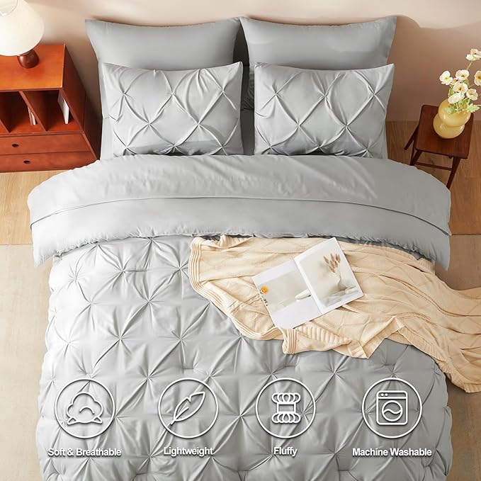 CozyLux California King Comforter Set Light Grey - 7 Pieces Cal King Pintuck Bed in A Bag Gift for Family, Pinch Pleat Bedding Sets with All Season Comforter, Sheets, Pillowcases & Shams