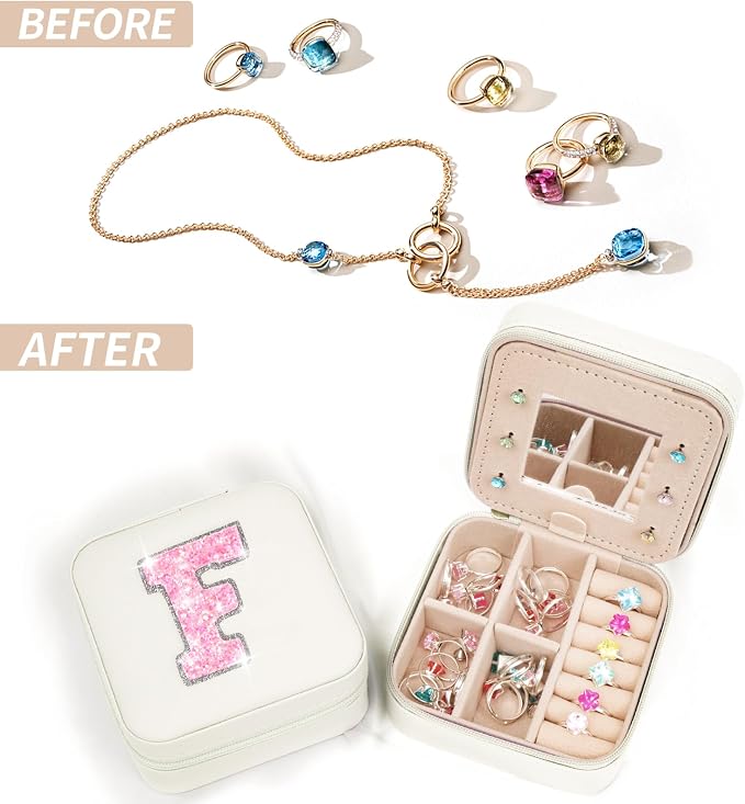 Uygafly Personalized Jewelry Case for Women Girls - Fashion Mini Jewelry Boxes - Trendy Travel Jewelry Organizer with Initials Letter - Teen Gifts | Cream,F - Image 6