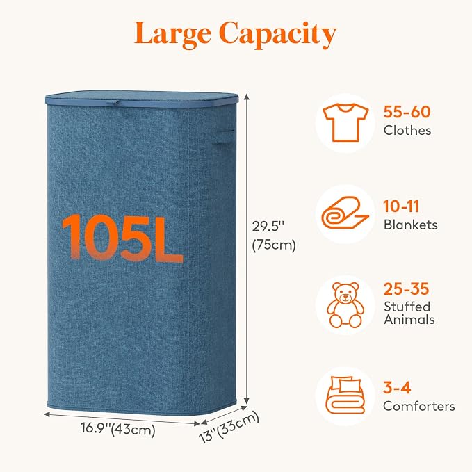 Lifewit 105L Large Laundry Basket with Lid, Laundry Hamper with Plastic Handles and Removable Bag, Foldable Tall Dirty Clothes Hampers for Laundry for Laundry Room, Bedroom, Bathroom, Dorm, Dark Blue - Image 2