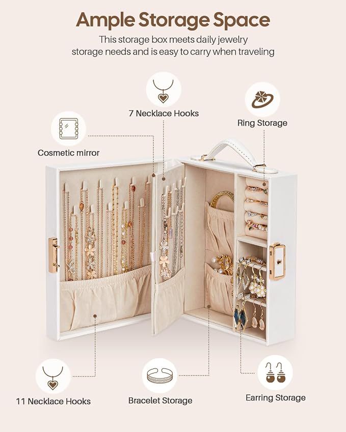Enthralite Large Travel Jewelry Case: Portable Jewelry Box with Mirror - PU Leather Small Jewelry Organizer for Rings Earrings Necklaces Bracelets - Birthday Gift for Her - Image 4