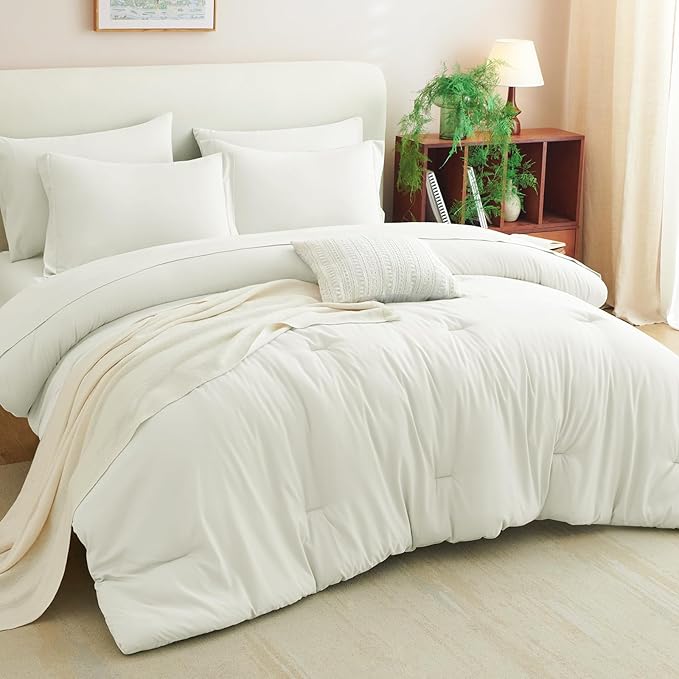 CozyLux Queen Comforter Set Ivory, 7 Pieces Bed in a Bag Queen Comforter Set with Sheets, Luxury Soft Bedding Sets with Down Alternative Comforter, Fitted Sheet, Flat Sheet, Pillowcases & Shams