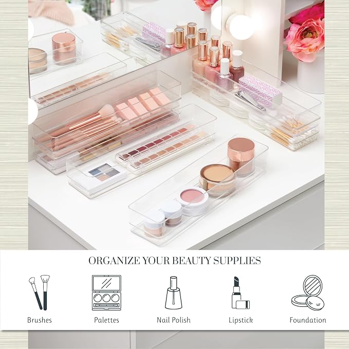 STORi SimpleSort 6-Piece Stackable Clear Drawer Organizer Set | 12" x 3" x 2" Rectangle Trays | Narrow Makeup Vanity Storage Bins and Office Desk Drawer Dividers | Made in USA - Image 3