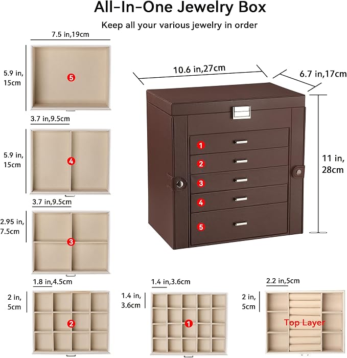 Frebeauty Large Jewelry Box,6-Tier PU Leather Jewelry Organizer,Multi-functional Storage Case with Mirror,Accessories Holder with 5 Drawers for Necklace Bracelets Watches(Dark Brown) - Image 3