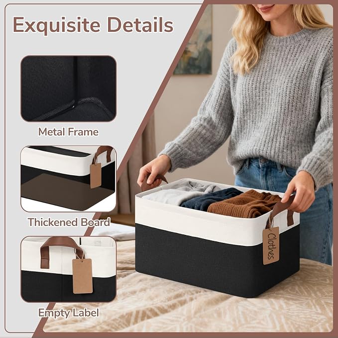CHICVITA 4 Pack Storage Baskets for Shelves, Foldable Closet Baskets for Organizing, Fabric Storage Bins with Handles, Towel Organizer for Closet, 14.8" x 10.3" x 8.3", Black & White - Image 4