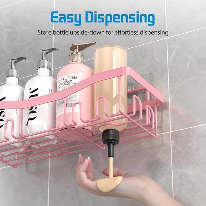 Youvip Adhesive Shower Caddy, No Drilling Bath Organizers 5 Pack, Rustproof Shelves with Soap Holder & Toothbrush Holder, Pink Bathroom Accessories Decor Set - Image 4