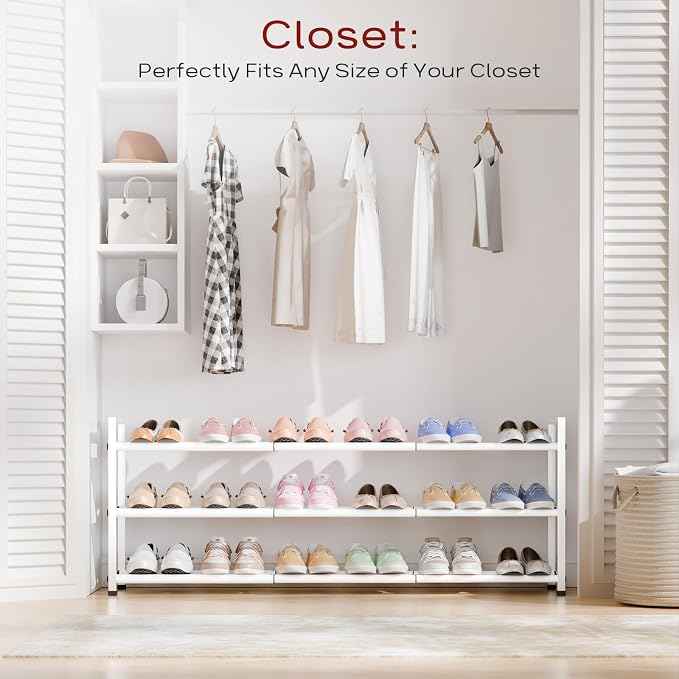 Bumusty 3-Tier Long Expandable Shoe Rack for Closet, 18"-44" Adjustable Shoe Rack for Entryway, 15-18 Pairs Large Shoe Organizer Shelf Storage, Sturdy Metal, White - Image 2