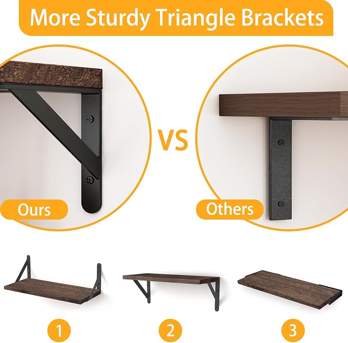 Fixwal Wall Shelves Floating Shelves for Wall Bedroom Bathroom Living Room Kitchen Storage and Decor(Brown, Set of 3, 16.5 Inch) - Image 4