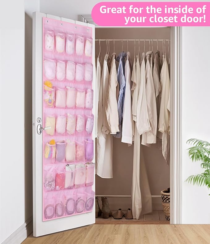 MISSLO 35 Large Pockets Over The Door Shoe Organizer Sturdy Oxford Fabric Hanging Shoe Rack for Door Mesh Closet Shoe Holder Hanger, Pink - Image 6