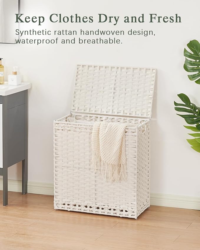 SETVSON Laundry Hamper with Lid Wicker Laundry Basket 112 L (29.6 Gal) Laundry Hampers Handwoven Rattan Clothes Hamper with Handles 3 Removable Liner Bag, 6 Mesh Bags for Bathroom Bedroom White - Image 2