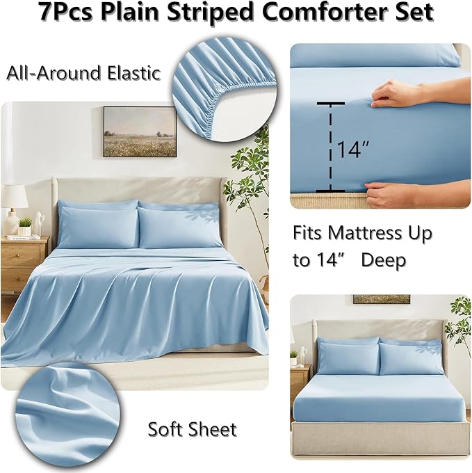CozyLux King Size Comforter Set Baby Blue, 7 Pieces Bed in a Bag, Blue Comforter King Size, All Season Bedding Sets with Stitch Quilted Comforter, Flat Sheet, Fitted Sheet, Pillowcases