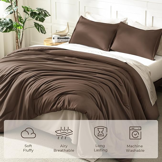 Litanika Comforters Brown Oversized King Size, 3 Pieces Lightweight Solid Bedding Set & Collections, All Season Fluffy Bed Set (120x98In Comforter & 2 Pillowcases)
