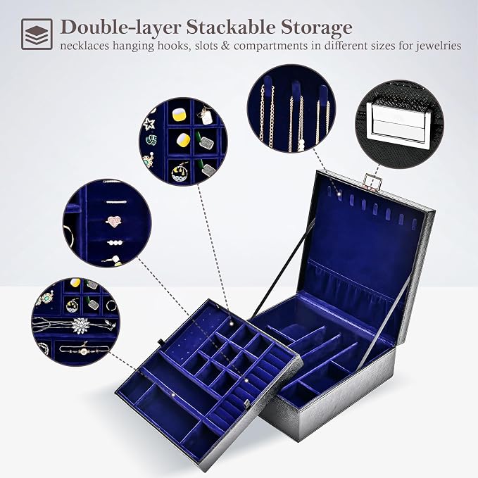 ProCase Jewelry Box for Women, 2 Layers Large Leather Jewelry Organizer Storage Case with Removable Pad for Earrings -Lizardblack - Image 2