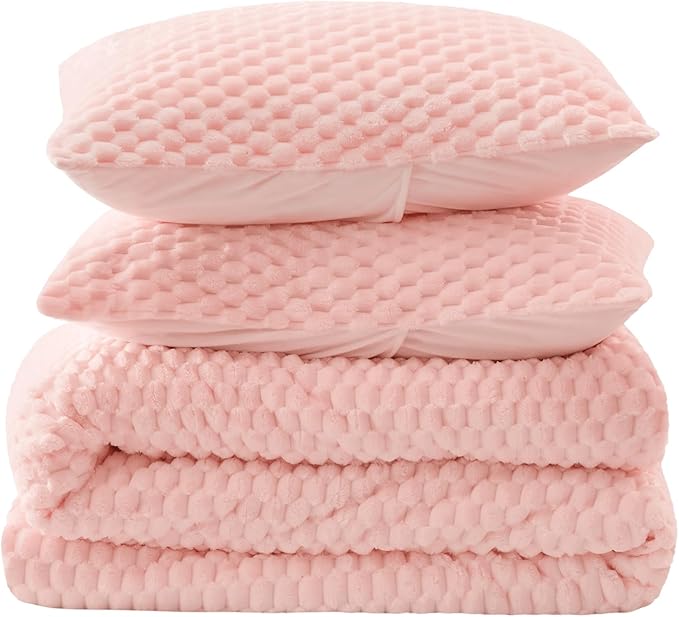 Fluffy King Comforter Set - Luxury Fuzzy Brushed Plaid Pattern Bedding Comforter Sets, Fluffy Velvet Comfort Set Pink, 3 Pieces, Soft Winter Comforter King