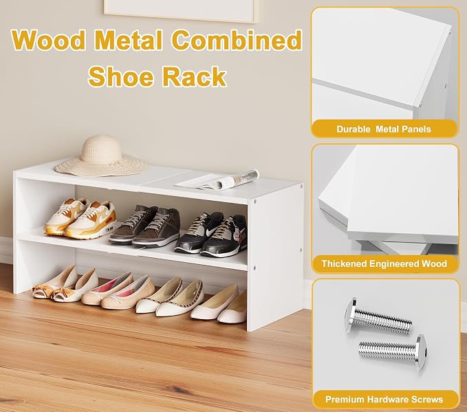 White Shoe Rack Organizer for Closet, 2-Tier Expandable Shoe Shelf, Stackable Iron Wood Combination Small Shoe Racks Shelves for Closets, Entryway,Small Space,Hallway,Bedroom,Bathroom,6-12 Pairs - Image 5