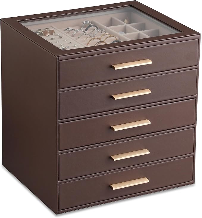 Frebeauty Clear Lid Jewelry Box,5-Layer Jewelry Organizer with Drawer,PU Leather Jewelry Organizers and Storage,Jewelry Boxes for Women,Jewelry Storage for Rings Earring Stud,Gift for Women(Brown) by Frebeauty